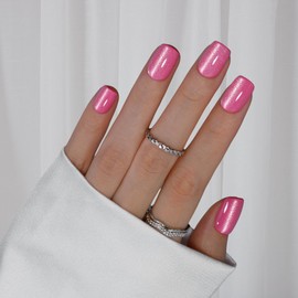 30 PCS Hot Pink Cat Eye Press on Nails Short Square, SXVME Shimmer Glue on Nails Short Fake Nails, Reusable Gel Nails with Glitter Acrylic Nails Press ons, False Nails for Women Girls