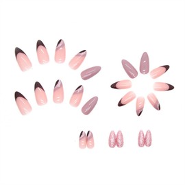 Press on Nails Short Almond Fake Nails French False Nails with Designs Glitter Line Glue on Nails Glossy Full Cover Acrylic Nails Nude Stick on Nails for Women Girls Manicure Kit 24 Pcs