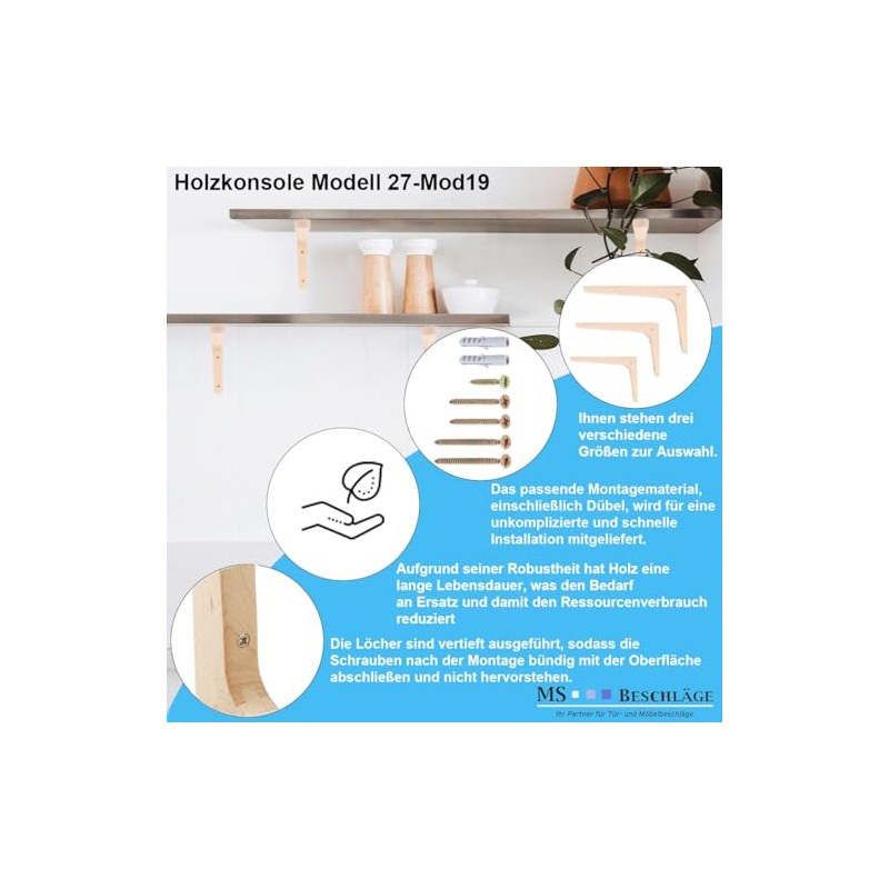 MS Beschläge Wooden Console Single or Pair Shelf Brackets Beech