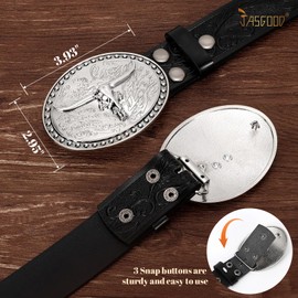 JASGOOD Western Leather Cowboy Belt for Men Women Longhorn Buckle Cowgirl Belt Floral Engraved Embossed Vintage Unisex Belt for Jeans Brown