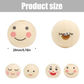 ROYUEXT Pack of 120 Wooden Beads with Face, Smiling Face Head Beads 20 mm with Hole for Crafting Worry Worms, Natural Round Beads Include 4 Styles