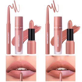 Jolilab 6 in 1 Matte Velvet Lipstick Set-Lip Liner, Lip Gloss and Lipstick, Waterproof Longlasting SmudgeProof Pigment Nude Non-Stick Cup Women Lip Makeup, Perfect for Natural Lip Contour (01+02, 1)