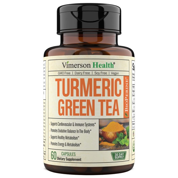 Green Tea Extract Capsules - Green Tea Supplement with Organic Turmeric Curcumin, Black Pepper & Vitamin C for Joint Health, Antioxidant Support & Healthy Metabolism. Vegan & Non-GMO - 60 Capsules