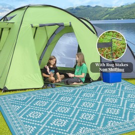 HOMERRY 8x10 Waterproof Outdoor Rug, Boho Outdoor Plastic Straw Rug for Camping, RV Mat Outside, Indoor Outdoor Carpet for Porch, Deck, Backyard, Balcony, Picnic, Teal & White