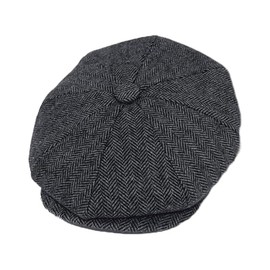 Mens Tweed Flat Cap, Newsboy Cap,Baker Boy Style Flat Hat,Wool Tweed 8 Panel Fashion Cap Hat for Autumn Winter Large Grey Herringbone