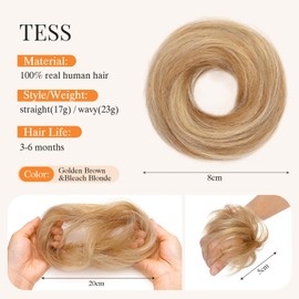 Human Hair Messy Bun Hair Piece,TESS Hair Buns for Women,100% Real Hair Bun Wig,Invisible hair buns hair piece,12P613 Golden Brown mix Bleach Blonde 18g/piece