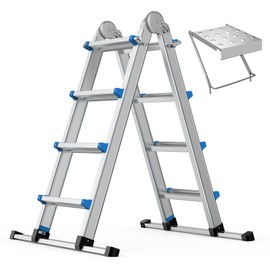 13.5FT Aluminum Foldabl Extension Ladder - Heavy-Duty A-Frame Adjustable Design for Home & Work, 330lbs Capacity, Retractable System with Safety Lock