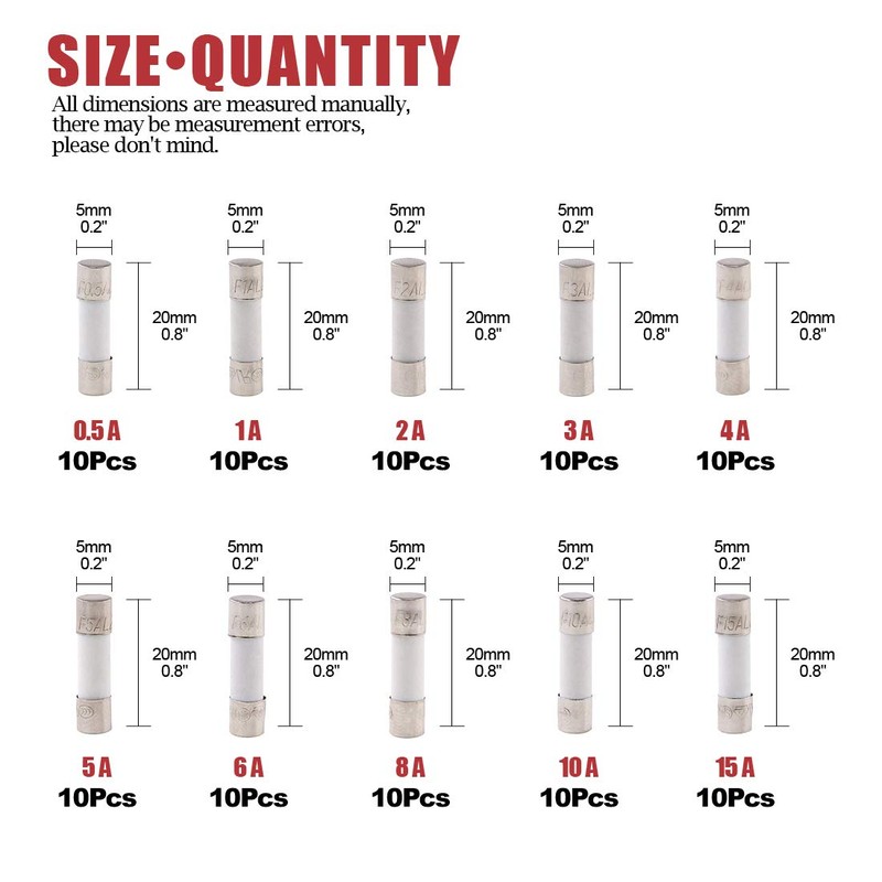 Hilitchi 100pcs 250V 0.5A to 15A Fast Blow Ceramic Fuses