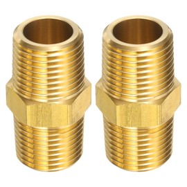 sourcing map 2pcs Brass Pipe Fitting 1/2" NPT x 1/2" NPT Male Brass Hex Nipple Pipe Extension Adapter Pipe Nipples Connectors for Shower, Oil, Water Line