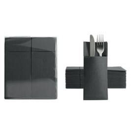 Aroba 50 Soft Point Cutlery Napkins, Soft Material, Volume and Structure, Ready Folded Napkins with Slot, 32 x 38 cm, 1/8 Fold Cutlery Bag, Good Quality, Black