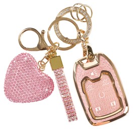Rislobx Key Fob Cover with Diamond Key Chain Fit for Chevy GMC Yukon/Yukon XL, Car Key Protector with Rhinestone Heart Keychain for Terrain Acadia Sierra Suburban Tahoe for Women (6 Buttons Pink)