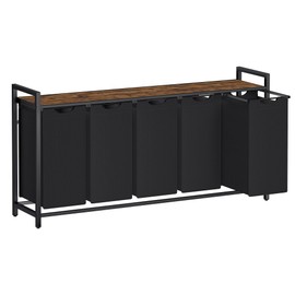 VASAGLE Laundry Hamper, Laundry Basket, Laundry Sorter with 5 Pull-Out and Removable Bags, Shelf, Metal Frame, 5 x 10.6 Gallons (40 L), 56.5 x 13 x 28.4 Inches, Ink Black and Rustic Brown UBLH501B01