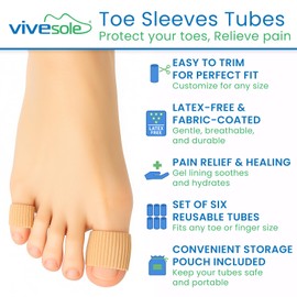 ViveSole Toe Sleeves Tubes (6 Pack) - Spacers & Separators for Women - Hammer Toe Straightener - Foot Blister Protectors & Relief - Finger Splints for Corn, Overlapping Toes - Toe Covers for Calluses