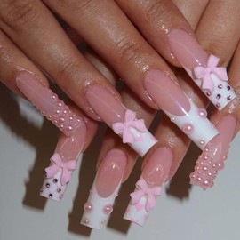 Foccna Pink Press on Nails Artificail Long, French Square Fake Nails Pearl, Crystal Nails Acrylic for Women Reusable Nail Kit Adhesive Tabs Nail File 24pcs