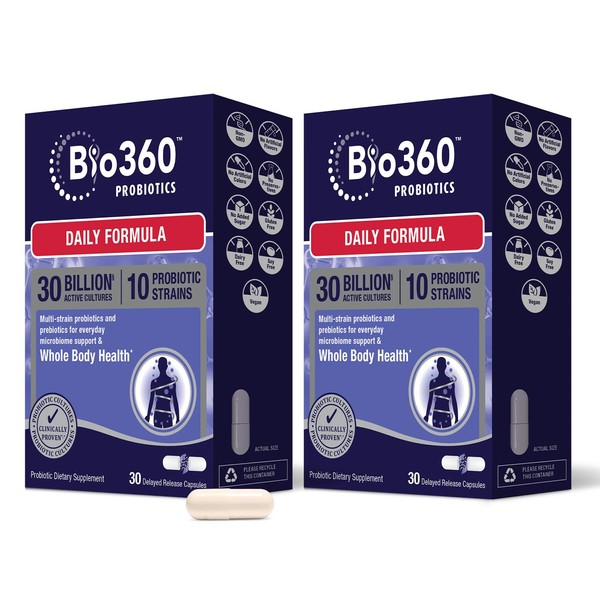 Bio360 Probiotic, Enhanced Daily Formula, Prebiotics and Probiotics for Women & Men, 30 Billion CFU 10 Strains to Support Occasional Constipation, Diarrhea & Bloating, 30 Vegan Supplements (2 Pack)