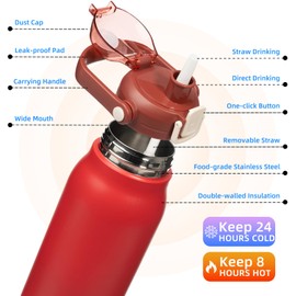 BJPKPK Insulated Water Bottles with Straw, 45 oz Stainless Steel Metal Water Bottle with One-handed Opening Lid, BPA Free Reusable Jugs for Gym Sports Outdoors, Red