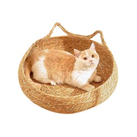 Cat Bed, Basket Bed, Cattail Grass, Weave, Rattan, Pet Bed, Natural, Hand Knitted, Breathable, All Season (Beige, S)