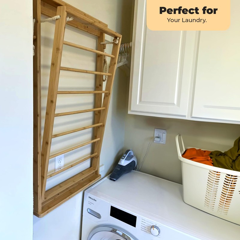 GRISSHMO Clothes Drying Rack, Foldable Bamboo Wall Mounted Laundry Rack