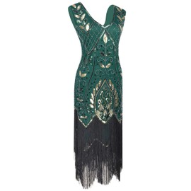 Women 1920S V Neck Sequined Beaded Gatsby Flapper Dress with 20s Accessories Set (XL, Style Flora Gold Green)