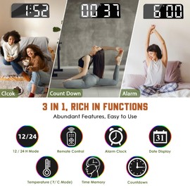 Koolertron Digital Wall Clock 9.5 Inch Large Display, Digital Clock with Remote Control, Wall Clock Digital with Countdown, Time, Date, Temperature, for Living Room, Kitchen, Office, Gym (White)