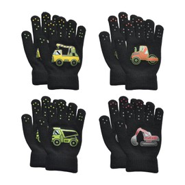 HDGSAFD 4 Pairs of Gloves with Construction Vehicle Pattern, Children's Gloves, Cute Gloves, Warm Gloves, Soft Knitted Gloves, black, M