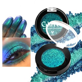 Green Multichrome Eyeshadow, High Pigment Blue Green Holographic Duochrome Eyeshadow, Intense Color Shifting Emerald Shimmer Eye Shadow for Blue Eyes, Long Last Sparkle Topper Eye Makeup,Talc Free #2E