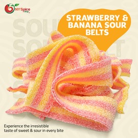 NY Spice Shop Strawberry Sour Belts - 1 Pound Strawberry Sour Strips - Strawberry Tart Gummies Sour Strips - Sour Strips Strawberry Flavored Gummy Strawberry Candy - Chewy Fruit Strip Sour Rope Candy Ribbons