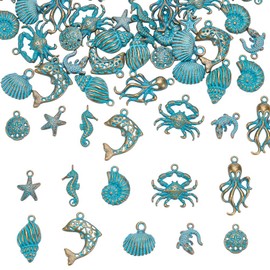 UNICRAFTALE Pack of 40 10 Styles Charms with Ocean Motif Sea Life Charms Antique Bronze Blue Sea Animal Pendant Starfish Pendant Summer Charm for Jewellery Making Necklaces Bracelets