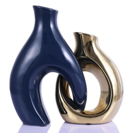 Ceramic Centerpiece vase Set of 2, Modern Decorative vases, Bohemian Skeleton vases Home Decor Aesthetics for Kitchen cabinets upscore Office Bedroom Dresser Entry Table Decor. (Blue + Gold)