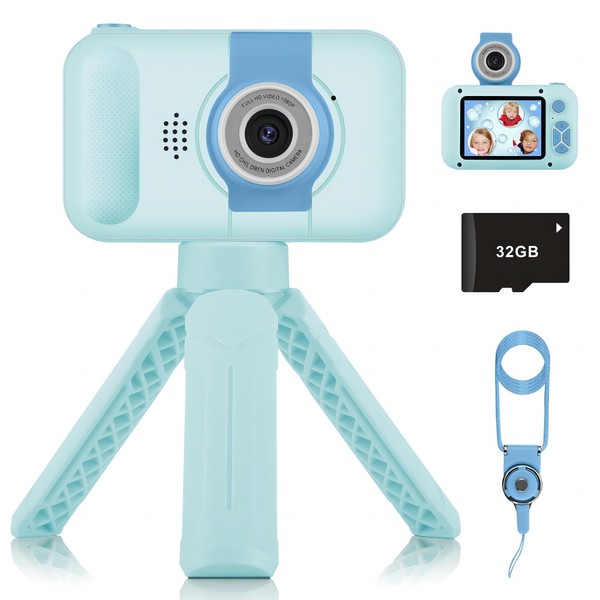 Children's Camera, ARNSSIEN Camera with Tripod, 2.4 Inch IPS LCD Digital Camera, 180° Flip Lens, Selfie Camera with DIY/Magic Shots/Voice Changes, Gifts for 3-10 Years Girls Boys
