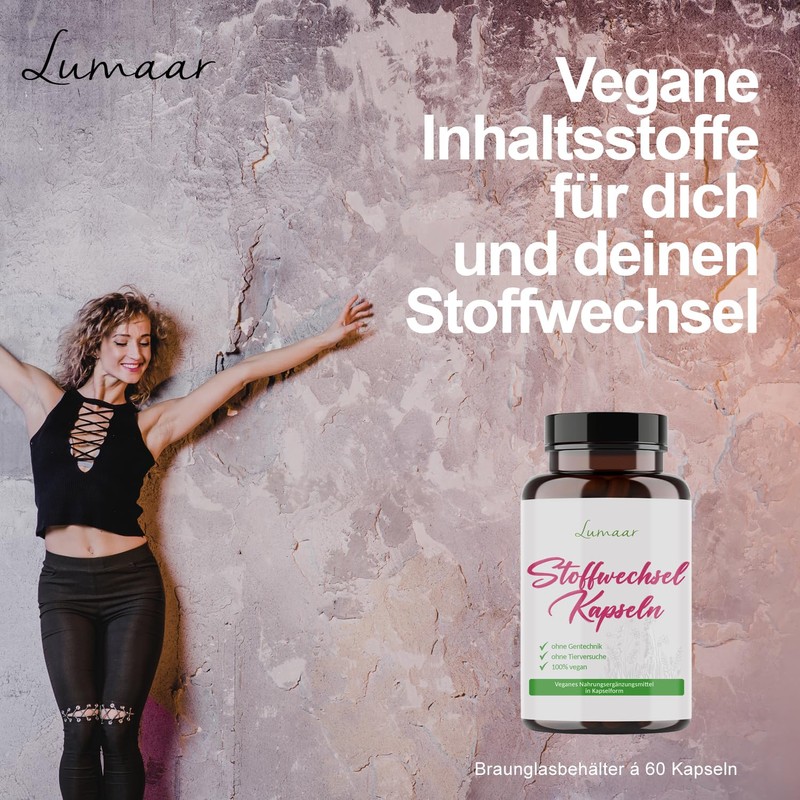 Stoffwechsel Kapseln mit Chlorella, Bakterienkulturen, Beta-Glucane und Eichhasefruchtkörper-Extrakt im Glasbehälter
