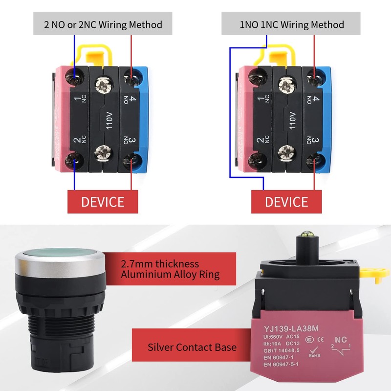 APIELE 22mm Momentary Push Button Switch Metal Head Plastic Body