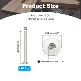 PATIKIL M6 x 70mm Flat Head Socket Cap Screws, 10 Pack 304 Stainless Steel 18-8 Machine Screws Flat Countersunk Bolts Hex Socket Drive Fasteners Grade 6.8