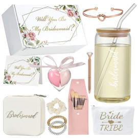XGCYZYD Bridesmaid Proposal Gifts,Will You Be My Bridesmaid Set of 11 Goodies Bridal Shower Gifts-16 oz Glass Cup travel jewelry box Cosmetic Makeup Bags Makeup Brushes Makeup Eggs Invited Cards
