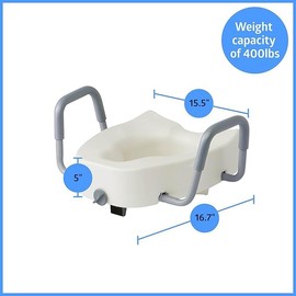 Raised Toilet Seat with Removable Arms, 5 Inch Elongated, Padded Handles, New Open Box