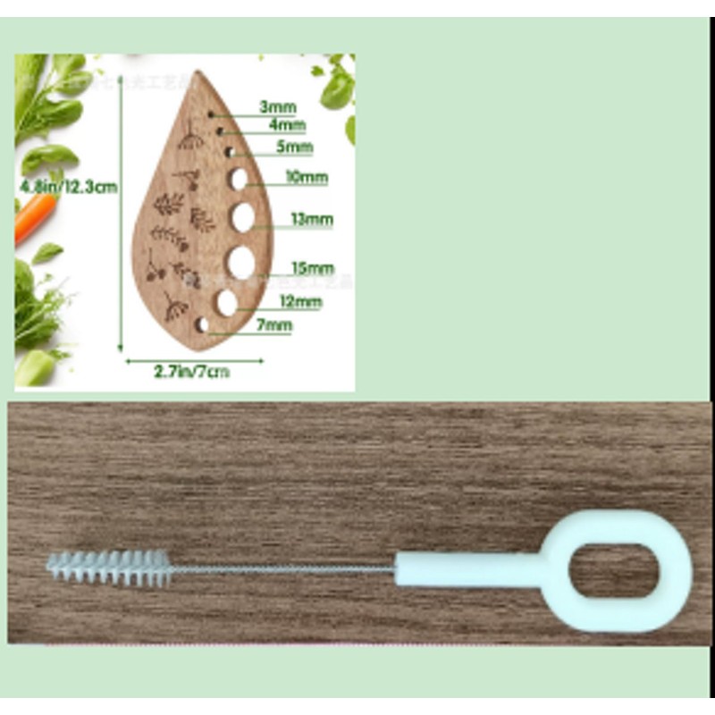 Wooden Herb Stripper Tool 8-Hole Leaf Separator with Cleaning Brush