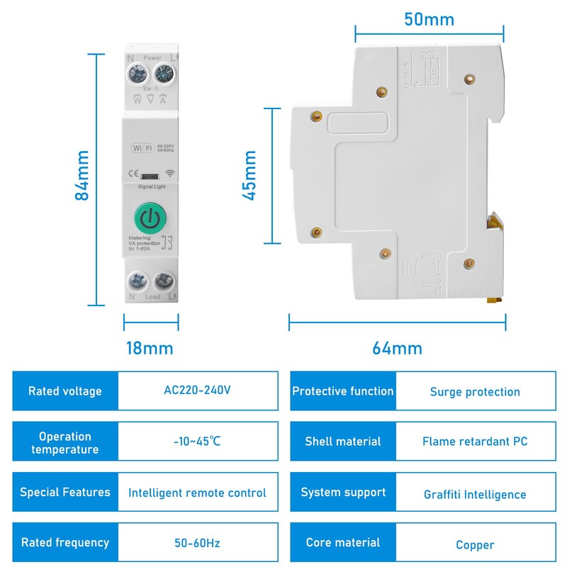 WiFi Smart Circuit Breaker, 1P DIN Rail Home Remote Control
