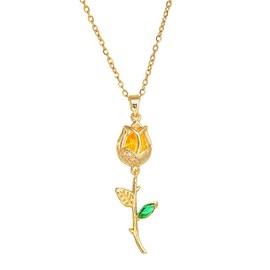 Dainty CZ Tulip Flower Pendant Necklace for Women Gold Plated Stainless Steel Elegant Crystal Leaf Charms Link Chain Choker Necklaces Delicate Birthday Holiday Anniversary Jewelry Gift 18 inch (Gold)