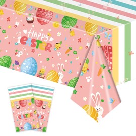 Xinvery 2PCS Happy Easter Tablecloth,Pink Easter Party Tablecloth Bunny Egg Table Cover Plastic Wipeable Tablecloth Easter Table Decor Party Decoration 137 x 274cm