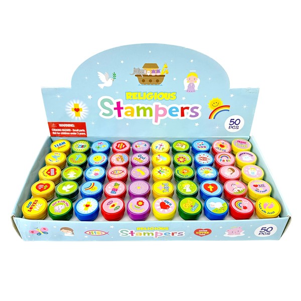 Tiny Mills 50 Pcs Religious Assorted Stampers for Kids Religious Prizes Carnival Prizes Vacation Bible School Sunday School Prizes