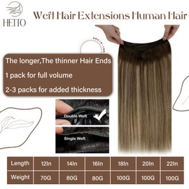 Hetto Weft Hair Extensions Human Hair Brown Sew in Hair Extensions Ombre Brown to Strawberry Blonde with Dark Brown Weft Human Hair Extensions 20inch 100g #4/27/4