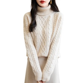 Chanyarn Women's 100% Merino Wool Turtleneck Sweater 2024 Fall Winter Casual Cable Warm Soft Long Sleeve Knit Sweater (Beige,M)