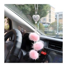 povtii Bling Car Hanging Ornament, Cute Love Heart and Plush Ball Pendant for Auto Rear View Mirror, Lucky Diamond Rearview Mirror Charm for Women Girls, Car Accessories (Pink, Heart)