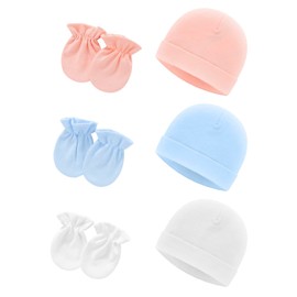 6 Caps and Gloves for Newborns, Beautiful Cotton Hats and Socks for Boys and Girls from 0 to 6 Months (Pink, Light Blue, White), Blue, blue