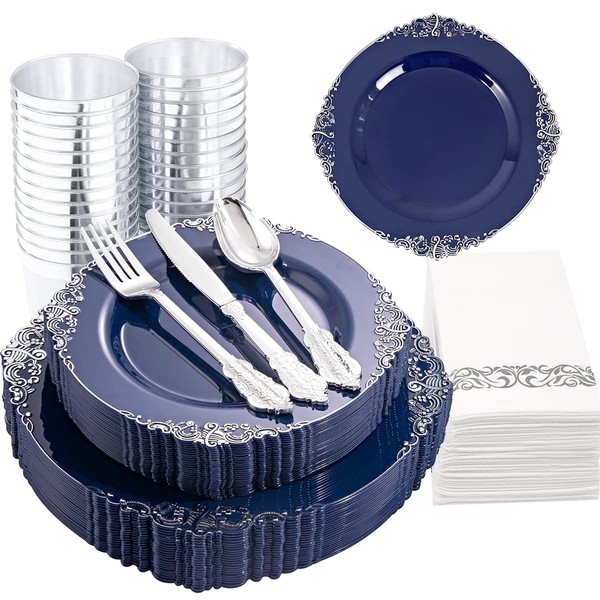 Hioasis 175pcs Blue Plastic Plates - Blue and Silver Plastic Plates Disposable Include 25 Dinner Plates,25 Dessert Plates,25 Knives,25 Forks,25 Spoons,25 Napkins Perfect for Wedding & Parties