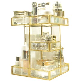 360 Degree Rotation Makeup Organizer Antique Countertop Cosmetic Storage Box Mirror Glass Beauty Display, Gold Spin Large Capacity Holder for Brushes Lipsticks Skincare Toner