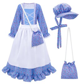 MELAND Victorian Costume Girl, World Book Day Maid Costume for Girls with Apron, Fancy Dress up for Girls Age 3-12 Year Old (Blue)