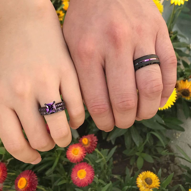 SHELOVES Black Plated Couples Women Purple Wedding Rings Sets His