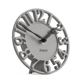 Jones Clocks® Ealing desk clock | Mini skeleton clock | Grey | Freestanding contemporary mantel clock with cut out numbers for shelf, table, mantel or bedside