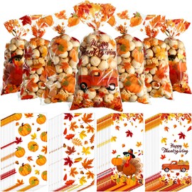Chinco 160 Pcs Thanksgiving Treat Bags Cellophane Plastic Goodie Bags Pumpkin Turkey Maple Gift Bag with 160 Gold Twist Ties for Thanksgiving Theme Party Supplies